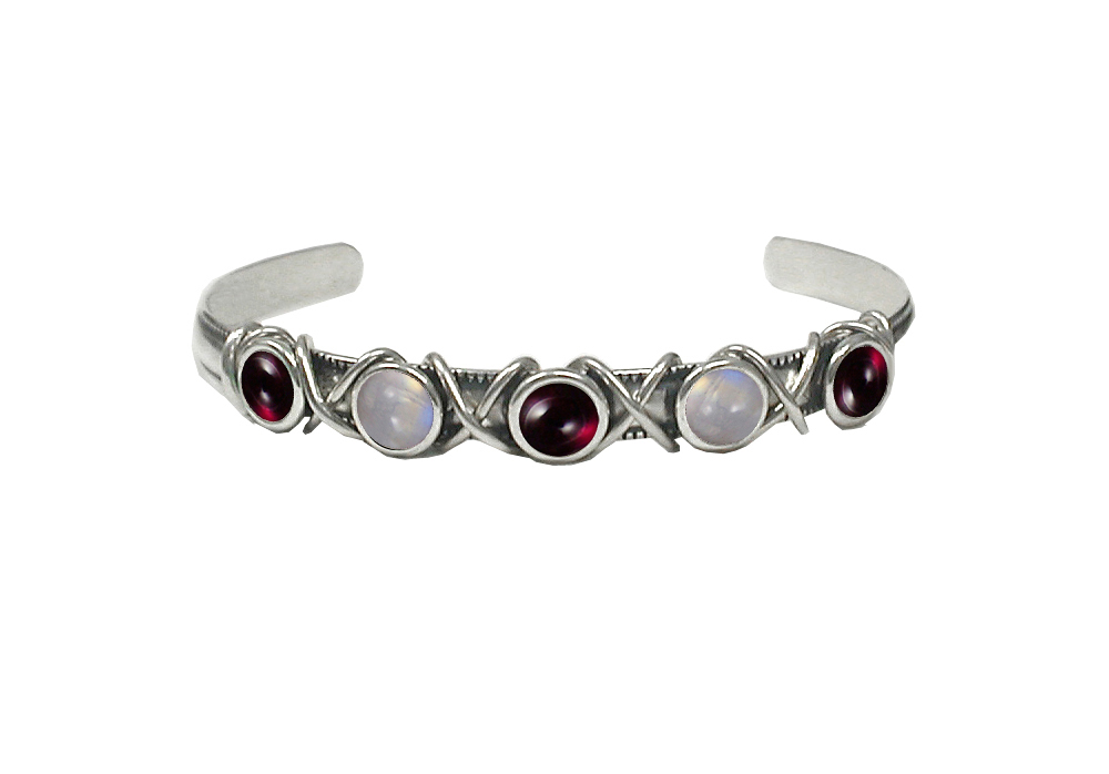 Sterling Silver Cuff Bracelet With Garnet And Rainbow Moonstone